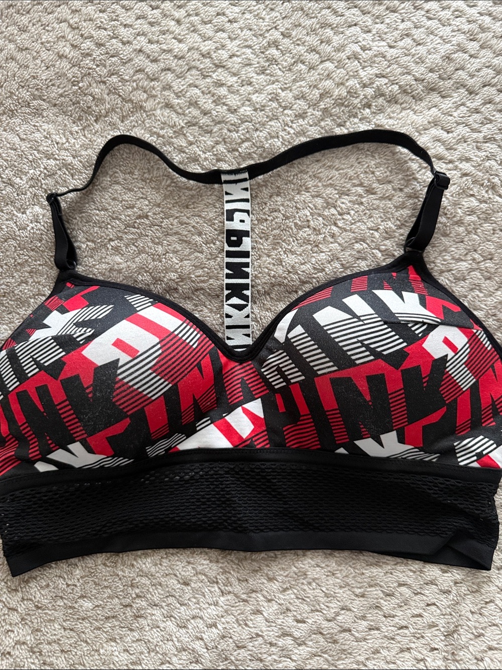 PINK Victoria's Secret Black, Red & White Graphic Racerback Sports Bra
